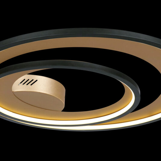 Luxury White Double Ring Ceiling Light A close-up image of the Luxury White Double Ring Ceiling Light showcases its elegant spiral design. This modern ceiling fixture features concentric lighted rings in gold color with black edging, set against a black background for a sleek and sophisticated look.