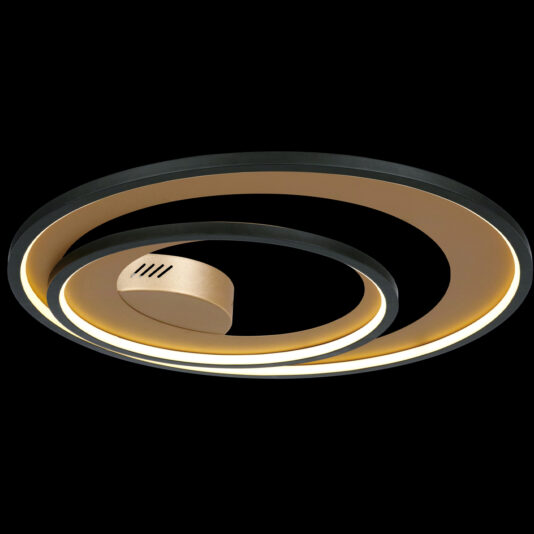 Luxury White Double Ring Ceiling Light The Luxury White Double Ring Ceiling Light is an exquisite fixture showcasing a contemporary spiral design with concentric rings. It features a black outer ring with a white LED strip along the inner edge and a central gold accent. Its sleek design is highlighted against an entirely black background.