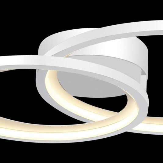 Modern White Double Ring Ceiling Light The Modern White Double Ring Ceiling Light showcases two intertwined circular light rings with sleek white frames set against a black background. The inner edges of the rings are illuminated, creating a futuristic and contemporary design.