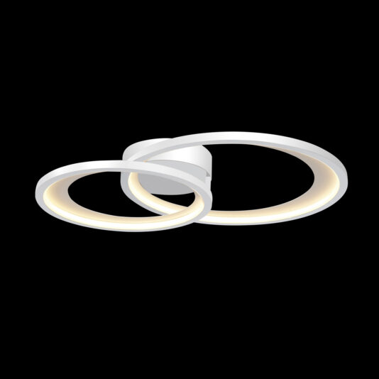 The Modern White Double Ring Ceiling Light features overlapping rings with a sleek white finish that emit a soft, warm glow. Its minimalist and contemporary design complements various interior styles, all set against a solid black background.