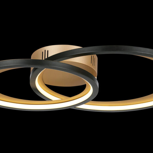 Modern White Double Ring Ceiling Light Three intersecting black and gold metal rings form a sleek ceiling light fixture against a black background. Each ring, reminiscent of the Modern White Double Ring Ceiling Light, features integrated LED strips on the inner edge, casting a warm glow. The fixture connects seamlessly to a round ceiling mount.