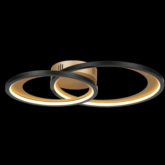Modern White Double Ring Ceiling Light The Modern White Double Ring Ceiling Light showcases two interconnected circular rings that emit a soft, warm glow. It is mounted on a round base with a sleek black and gold finish, all set against a striking black background.