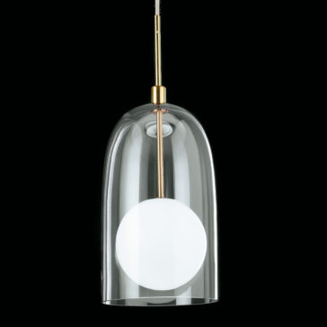 Contemporary Long Glass Dome Pendant Light The Contemporary Long Glass Dome Pendant Light features a sleek, clear glass shade with a white, round light diffuser inside. A brass stem connects it to the suspension wire, and its modern design is accentuated by the solid black background.