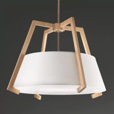 Modern Oak Frame Pendant Light The Modern Oak Frame Pendant Light showcases a minimalist design, with a white cylindrical lampshade elegantly supported by an angular wooden frame. Suspended from the ceiling by a cord, the fixture stands out against a plain, dark background that accentuates its design.