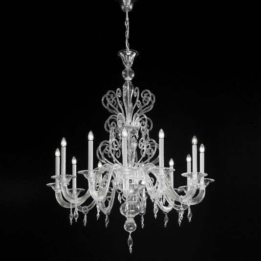 The Ornate Traditional Clear Glass Chandelier, featuring intricate designs and multiple arms holding candle-like light bulbs, hangs against a black background. Its elegant curves and clear glass details exude a sophisticated and opulent appearance.