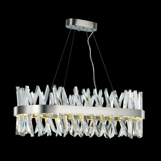 A modern chandelier with a rectangular chrome base and numerous cylindrical crystal prisms arranged in a crisscross pattern, hanging by thin wires against a black background. The chandelier emits a soft, warm glow.