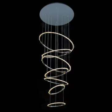 The Quartz Crystal 7 Ring Nickel Chandelier features a modern design with seven illuminated rings spiraling down in size, suspended on thin wires from a sleek round nickel ceiling mount, against a black background.