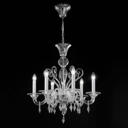 The Small Traditional Clear Glass Chandelier exudes luxury with its intricate details and six candle-shaped bulbs. Its multi-tiered design is suspended from a ceiling mount, boasting elegant curved arms and dangling crystal ornaments that shine brilliantly against the black background.