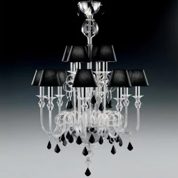 Traditional Chandelier With Black Crystal Drops Introducing the Traditional Chandelier With Black Crystal Drops: an elegant, multi-tiered chandelier featuring a sleek silver frame adorned with black crystal drops and lampshades. Set against a dark gradient background, this exquisite piece boasts intricate detailing and multiple arms extending outward.