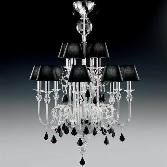 Introducing the Traditional Chandelier With Black Crystal Drops: an elegant, multi-tiered chandelier featuring a sleek silver frame adorned with black crystal drops and lampshades. Set against a dark gradient background, this exquisite piece boasts intricate detailing and multiple arms extending outward.