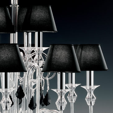 Traditional Chandelier With Black Crystal Drops A detailed image of the Traditional Chandelier With Black Crystal Drops, showcasing its multiple clear glass arms and hanging black crystal drops. Each candle-style light is topped with a thin, sleek black lampshade, all set against a dark background.