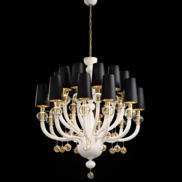 The Traditional Glass Orb Detail Chandelier is a luxurious piece featuring a white and gold frame. Each arm, adorned with golden accents and glass orb details, holds a black lampshade. Suspended from a chain, this chandelier’s sophisticated elegance stands out beautifully against a black background.