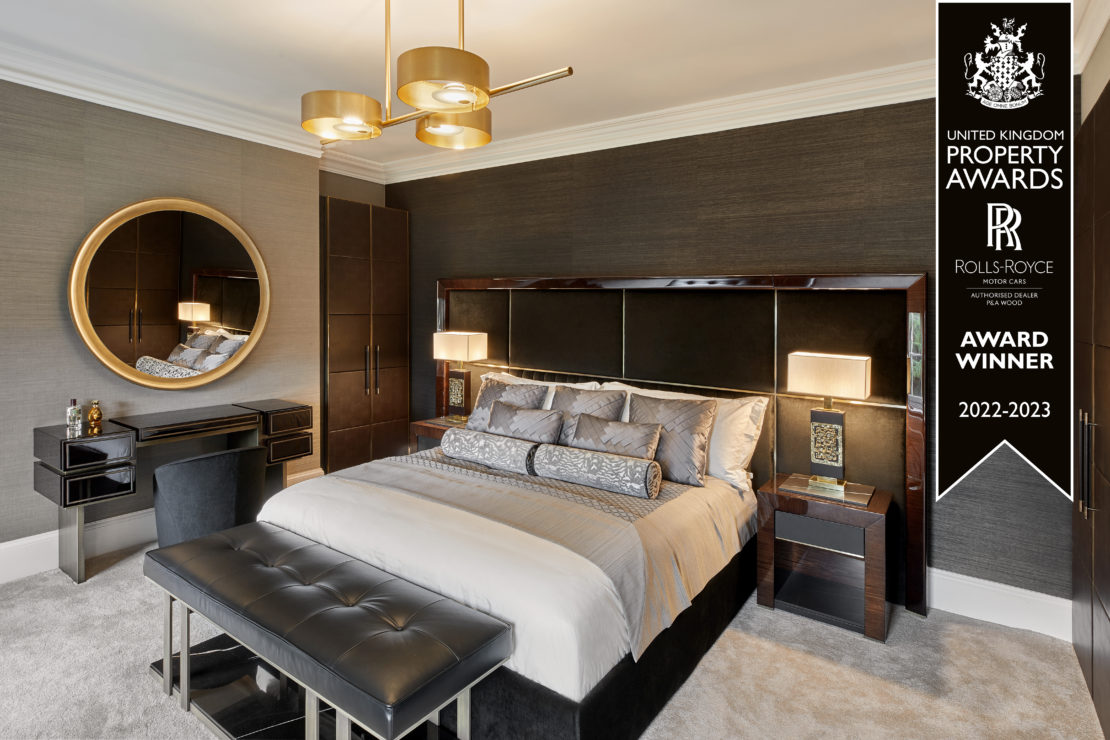 Inpertantion Property Awards Winners banner 2022-2023 over laid on project image from Juliettes Interiors Gentleman's Pad design. Showcasing here the luxury bedroom furniture and furnishings