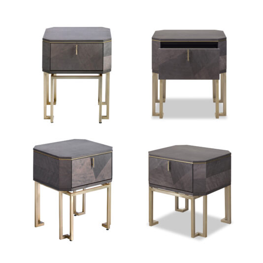 Modern Geometric Veneer Bedside Table Here are four images of the Modern Geometric Veneer Bedside Table, showcasing its sleek dark grey wood veneer and elegant gold metal legs. The images capture different angles: front, side, and perspective views. This bedside table is designed with a minimalist aesthetic and features a single drawer adorned with a slender gold handle.
