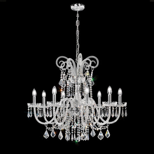 Blown Glass Chandelier With Crystal Drops The Blown Glass Chandelier With Crystal Drops is an elegant fixture boasting multiple tiers and intricate details. It features numerous arms adorned with candle-like lights and sparkling crystal drops. Suspended from the ceiling, it stands out beautifully against a solid black background.