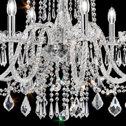 Blown Glass Chandelier With Crystal Drops A close-up shot of the Blown Glass Chandelier With Crystal Drops showcases its luxurious design, featuring multiple crystal droplets and elegantly twisted glass arms. Illuminated by candle-like light bulbs, the chandelier's crystals sparkle brilliantly against a dark background.