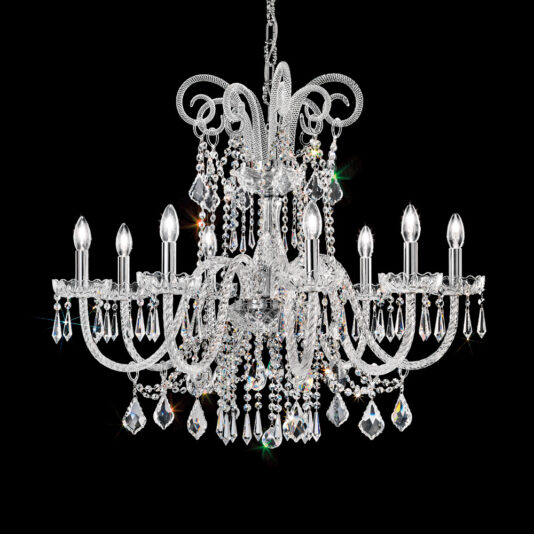 The Blown Glass Chandelier With Crystal Drops features multiple ornate arms, each holding candle-shaped light bulbs, and is adorned with intricate crystal beads and droplets, all set against a black background for a luxurious touch.