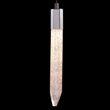 Exclusive Chrome Pendant Light Bar A sleek, modern pendant light featuring a narrow, elongated, textured glass design that resembles a glowing, crystalline icicle. The top is made of polished metal, and the light emits a warm, ambient glow against a black background.
