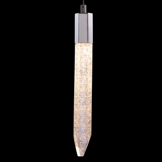 Exclusive Single Chrome Pendant Light A sleek, modern pendant light featuring a narrow, elongated, textured glass design that resembles a glowing, crystalline icicle. The top is made of polished metal, and the light emits a warm, ambient glow against a black background.