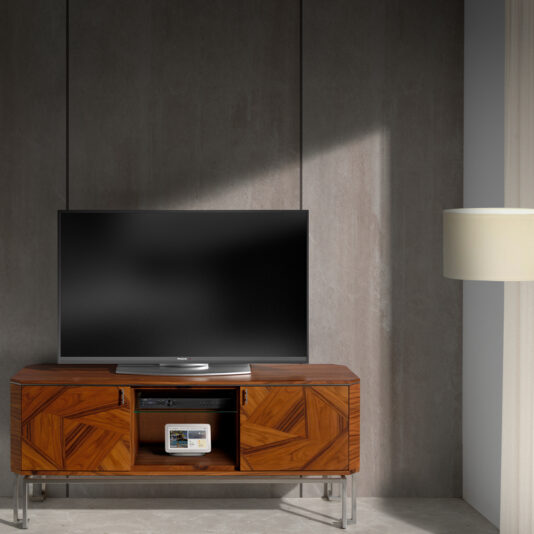 A modern living room showcases the Elegant Contemporary Veneer TV Unit, which features sophisticated geometric patterns and holds a flat-screen TV with a small electronic device neatly placed below it. To the right of the unit, against a textured gray wall, stands a tall white floor lamp that enhances the contemporary ambiance.