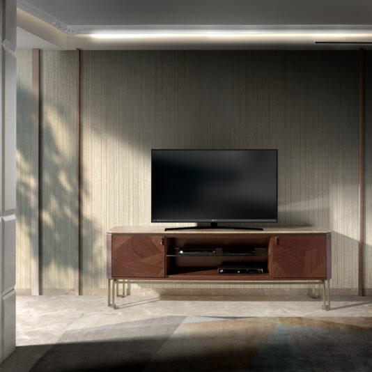 Elegant Modern TV Unit A modern living room setup featuring the Elegant Modern TV Unit with a flat-screen TV on a mid-century wooden console with metal legs. The background has a textured, striped beige wallpaper. Sunlight casts soft shadows on the wall and floor, creating a warm, inviting atmosphere.