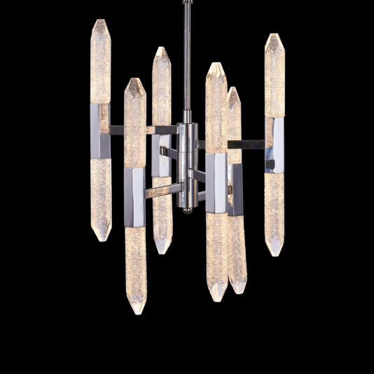 Exclusive Chrome Vertical Crystal Chandelier The Exclusive Chrome Vertical Crystal Chandelier showcases eight vertically oriented, elongated, crystal-like light fixtures arranged around a central chrome frame. When illuminated, it casts a warm, ambient glow against a black background.