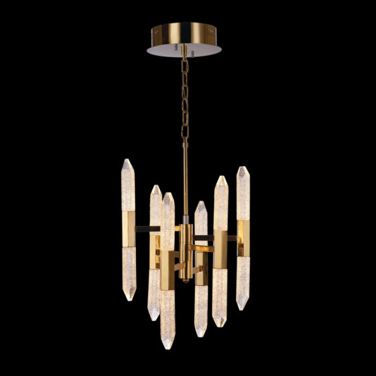 The Exclusive Gold Vertical Crystal Chandelier features an intricate gold frame suspending multiple elongated, textured crystal light fixtures. The sparkling crystals are mounted on a round ceiling base with a gold chain, all set against a black background.