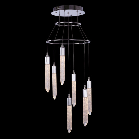Exclusive Chrome Pendant Light Cluster The Exclusive Chrome Pendant Light Cluster showcases a modern chandelier design with a circular chrome base and multiple hanging cylindrical lights. Its textured, elongated, ice-like diffusers create a sleek and elegant aesthetic, perfect for contemporary interiors against a completely black background.