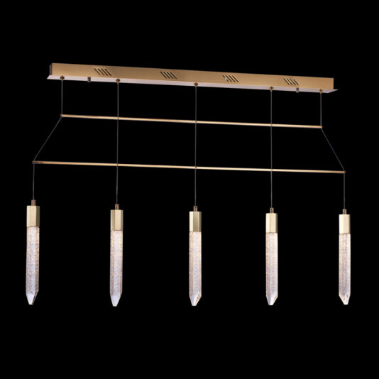 Product available: the Exclusive Gold Pendant Light Bar - a modern gold chandelier featuring a rectangular base. It boasts five suspended, slender, cylindrical crystal lights that dangle from thin black cords, delivering a sleek and elegant design against any black background.