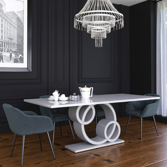 A sleek dining area showcases the Exclusive Marble Dining Table, distinguished by its unique circular base. Surrounding it are four dark upholstered chairs, while a chic crystal chandelier hangs above. The dark paneled wall is adorned with black and white cityscape artwork, and a large window allows natural light to flood in.
