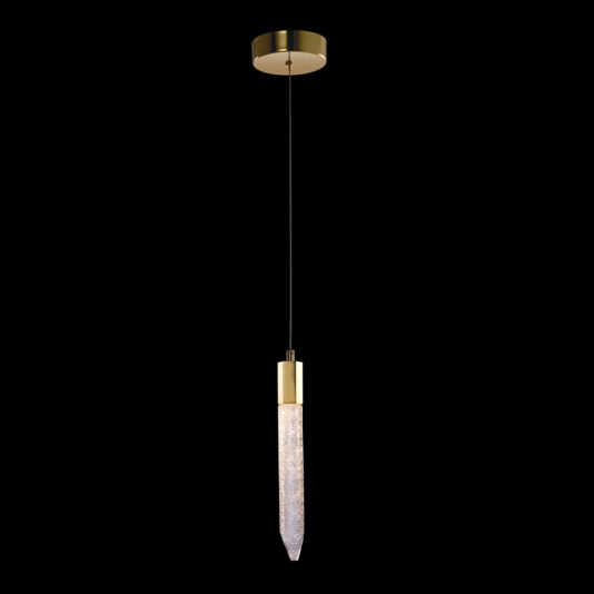Introducing the Exclusive Single Gold Pendant Light—a modern fixture with a sleek gold-colored metal base and a slender cylindrical design. This pendant light features a textured glass or crystal element suspended from a thin black cord, creating an elegant contrast against its sophisticated black background.