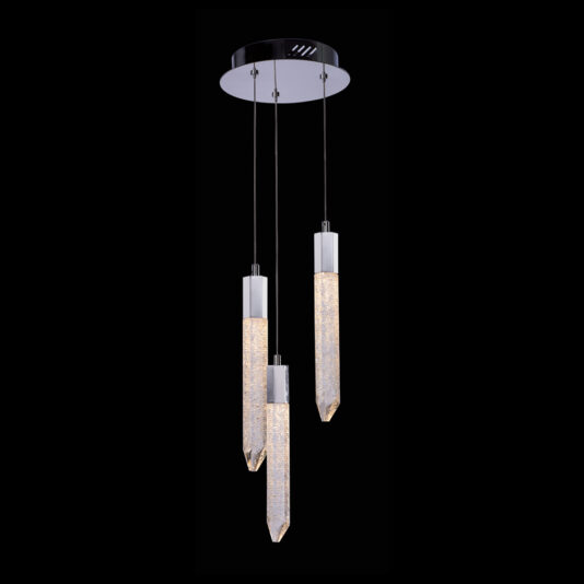 The Exclusive Triple Chrome Pendant Light showcases a sleek modern ceiling fixture adorned with three elongated, cylindrical glass shades filled with intricate, textured materials. These stunning lights hang at varying heights from a round chrome base and are beautifully highlighted against a black background.