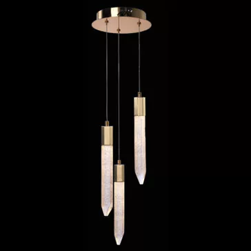 Exclusive Triple Gold Pendant Light The **Exclusive Triple Gold Pendant Light** showcases a modern design, featuring a sleek gold circular base from which three elongated, crystal-like LED lights hang at varying lengths by thin black wires. The textured LEDs are adorned with stylish gold accents at the top, making the fixture stand out beautifully against a black backdrop.
