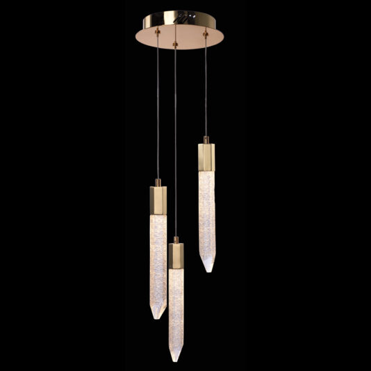 The **Exclusive Triple Gold Pendant Light** showcases a modern design, featuring a sleek gold circular base from which three elongated, crystal-like LED lights hang at varying lengths by thin black wires. The textured LEDs are adorned with stylish gold accents at the top, making the fixture stand out beautifully against a black backdrop.