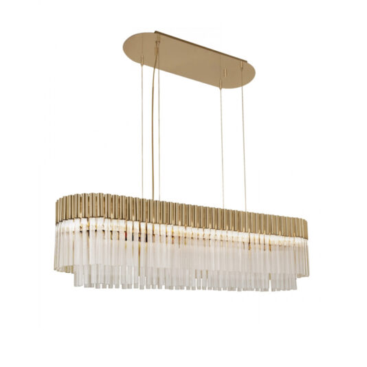 High End Modern Oval Chandelier The High End Modern Oval Chandelier boasts a sophisticated, contemporary design with a gold frame and vertical glass prisms arranged in two tiers. Hanging from four sleek cables connected to a gold ceiling mount, this chandelier seamlessly blends elegance with modern style.