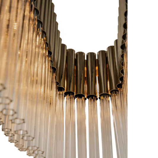 High End Modern Oval Chandelier Close-up of the High End Modern Oval Chandelier, showcasing a series of vertically aligned cylindrical metallic tubes with light bulbs inside. The tubes reflect light, creating a warm and elegant ambiance that exemplifies sophistication.