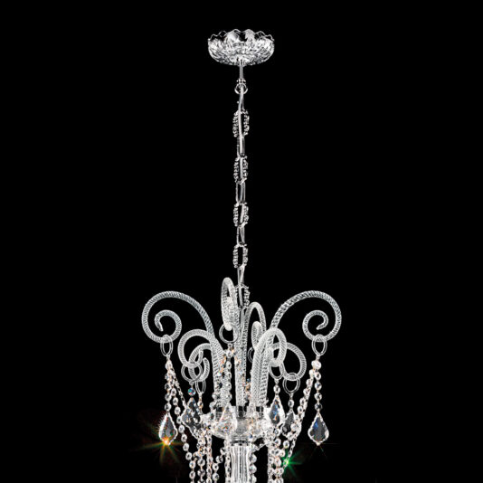 Large Blown Glass Chandelier With Crystal Drops The Large Blown Glass Chandelier With Crystal Drops is a magnificent piece that boasts intricate detailing and elegant, curved arms. This ornate chandelier features hanging beads and faceted crystal drops, which emit subtle rainbow reflections. Set against a solid black background, the chandelier's delicate structure and sparkling elements are beautifully highlighted.