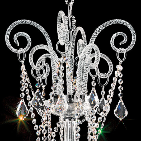 Large Blown Glass Chandelier With Crystal Drops A detailed photograph of the Large Blown Glass Chandelier With Crystal Drops against a black background. The chandelier showcases intricate twisted metalwork adorned with hanging crystal pendants and beads that shimmer enchantingly, creating a dazzling effect.