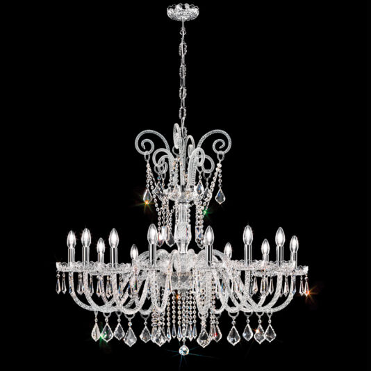 Large Blown Glass Chandelier With Crystal Drops The Large Blown Glass Chandelier With Crystal Drops boasts an elegant design, featuring multiple tiers of delicate glass arms and clear crystal drops. Adorned with numerous hanging prisms, it reflects light beautifully to create a sparkling effect against a black background.