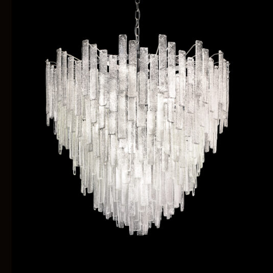Large Modern Glass Chandelier The Large Modern Glass Chandelier is a luxurious fixture featuring an array of vertically hanging, elongated glass prisms arranged in a cascading, tiered design against a sleek black background, exuding both glamour and elegance.