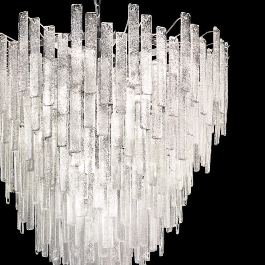 Large Modern Glass Chandelier A close-up of the Large Modern Glass Chandelier against a black background, highlighting its numerous rectangular, textured glass prisms arranged in descending tiers for a sophisticated and luxurious appearance.
