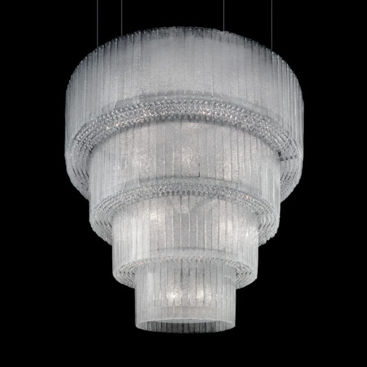 The Large Modern Tiered Glass Chandelier showcases multiple tiered layers crafted from clear, textured glass. Each layer is adorned with vertical glass rods that create a cascading effect, emitting a soft, elegant glow against a black background.