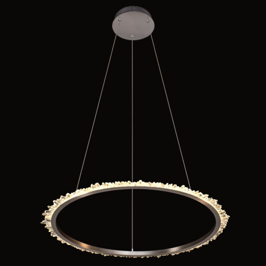 The Large Quartz Crystal Nickel Round Chandelier features a modern, circular pendant light with a sleek black metal frame. Its rim is beautifully accentuated with small quartz crystals, and the fixture is suspended by thin vertical nickel wires from a round ceiling mount against a black backdrop.