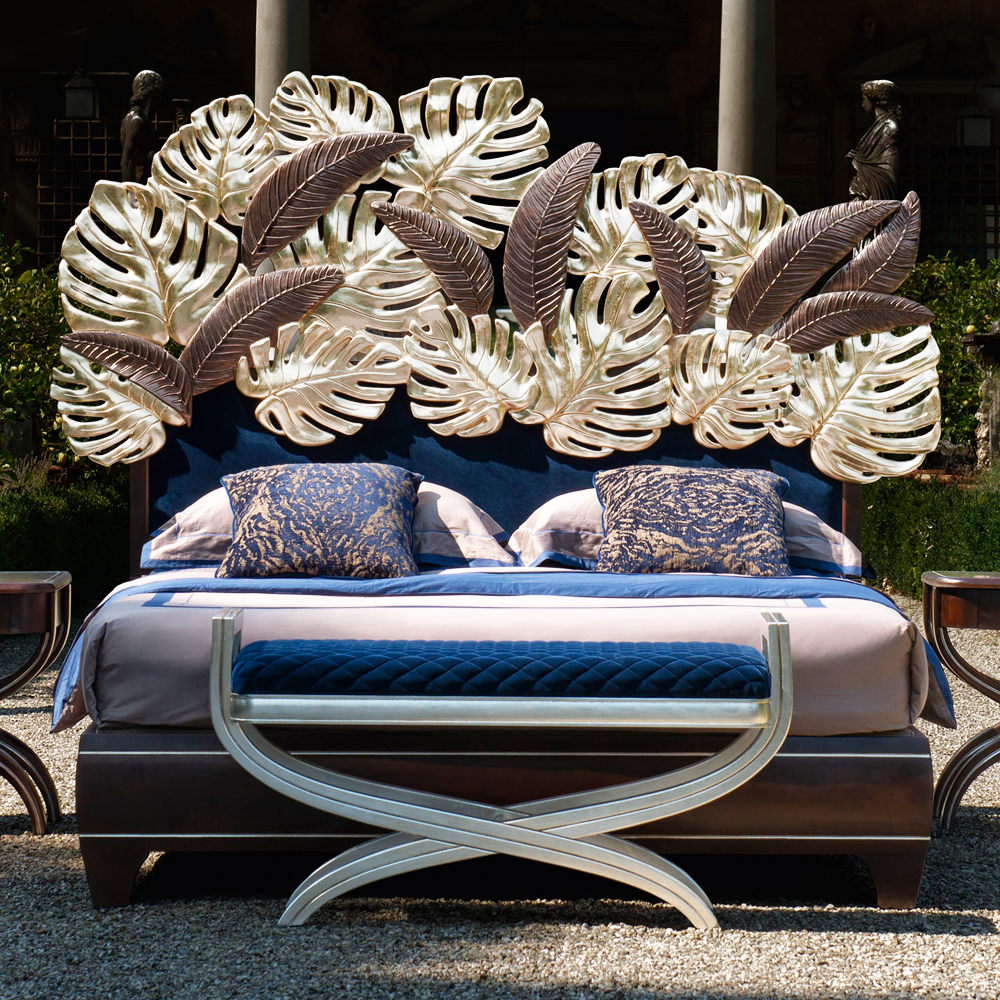 Luxurious Bed With Palm Leaf Design Headboard