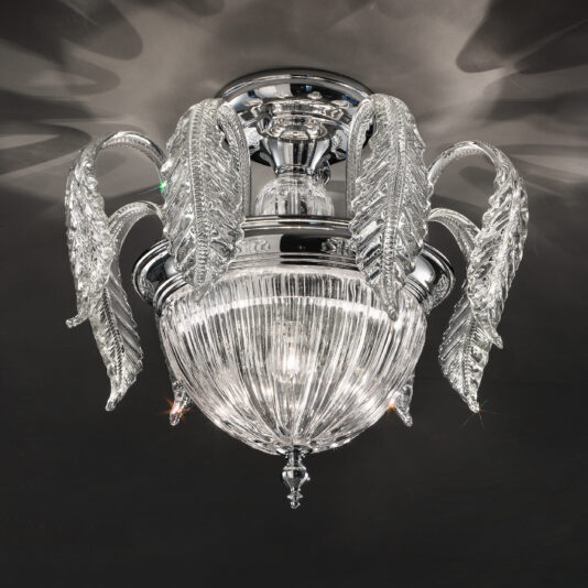 The Luxury Acanthus Empire Glass Ceiling Light is a decorative ceiling fixture with a metallic base and an intricate glass design by an Italian designer. This crystal ceiling light features radiating glass elements resembling stylized leaves or fronds, creating mesmerizing reflections and light patterns on surrounding surfaces.