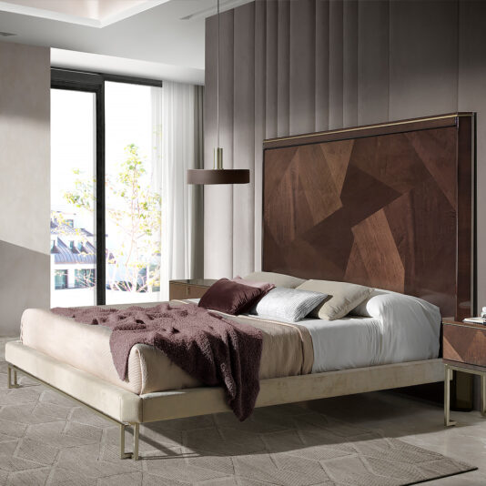 A contemporary bedroom showcases the Luxury Bed With Tall Brown Maple Headboard, adorned with neutral bedding. A brown throw blanket is elegantly draped across the bed. Two contemporary nightstands flank the bed, while a pendant lamp is suspended above one side. Natural light flows in through a large window.