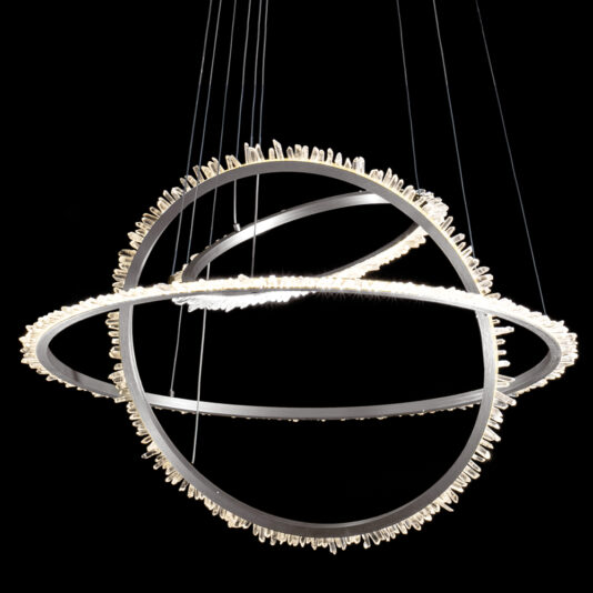 Modern Nickel Quartz Crystal Hoop Chandelier Introducing the Modern Nickel Quartz Crystal Hoop Chandelier: a sophisticated pendant light fixture with two intersecting circular hoops, each adorned with small, star-like quartz crystal lights along the edges. This design elegantly resembles an abstract planet with rings and stands out beautifully against a solid black background.