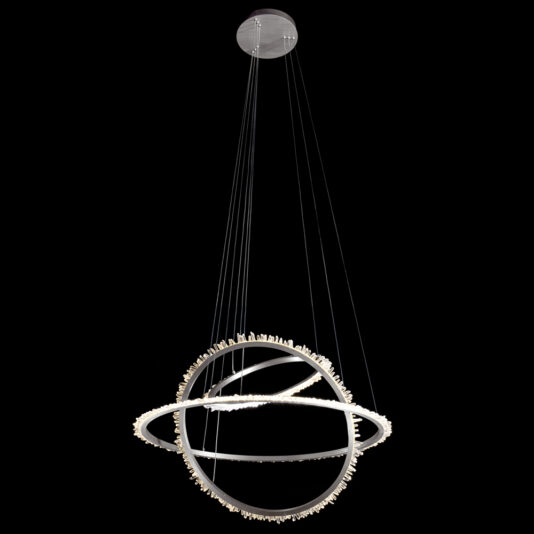 The Modern Nickel Quartz Crystal Hoop Chandelier, featuring a sleek circular design, is suspended from the ceiling by thin wires. This elegant light fixture comprises two interconnected rings adorned with small, evenly spaced quartz crystal elements, creating a halo-like effect against a black background.