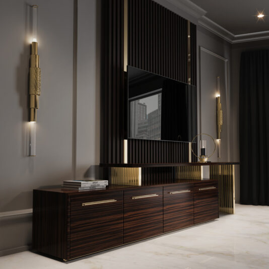 Modern Veneered TV Unit A modern living room featuring a sleek, dark wood console with brass accents sits below a wall-mounted flat-screen TV. The wall is adorned with vertical black slats and flanked by contemporary gold light fixtures. Polished marble tiles cover the floor. The space is completed with the sophisticated Modern Veneered TV Unit.