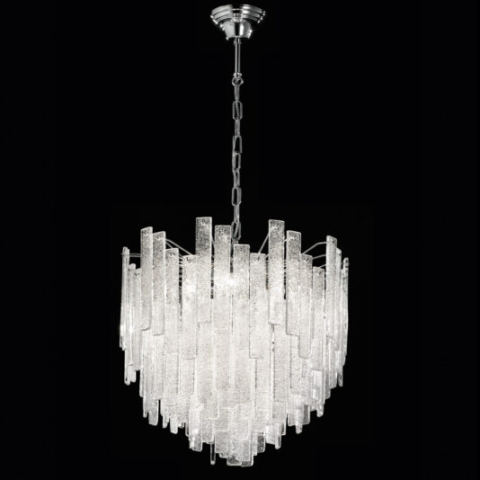 Small Modern Glass Chandelier The Small Modern Glass Chandelier features numerous elongated, textured crystal-like glass pieces gracefully cascading downward. Suspended by a chain and a sleek metallic fixture against a black background, this lighting solution enhances the glittering effect of the glass pieces.